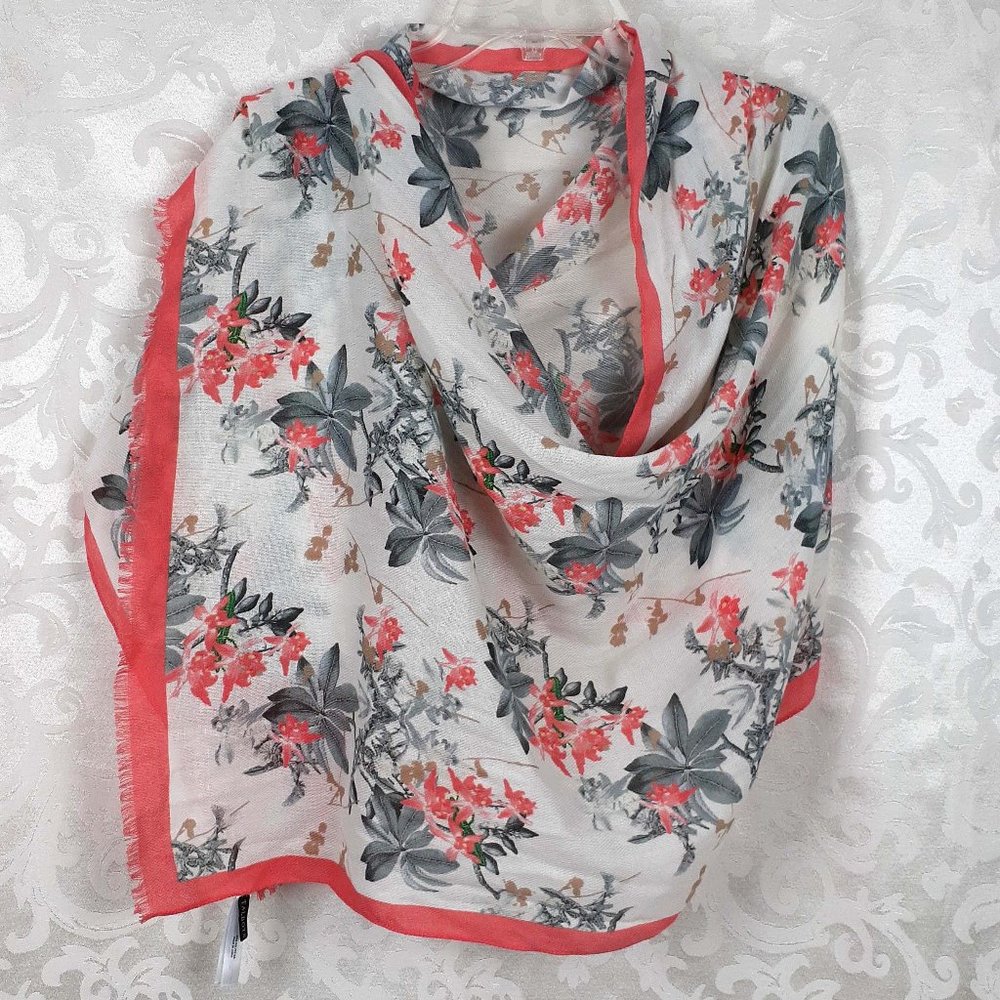 Floral Print Scarf Wrap. Salmon Peach Gray White Talbots Size 70 x 25